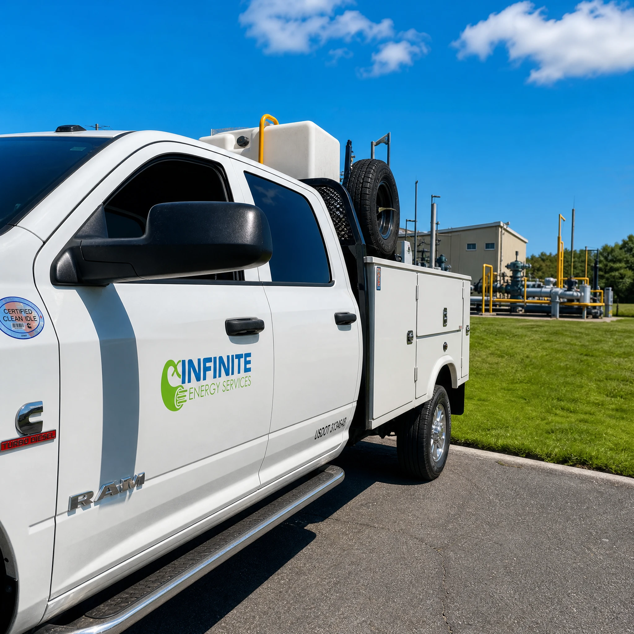 Close-up of an Infinite Energy Services crew truck door with the company logo and Certified Clean Idle decal