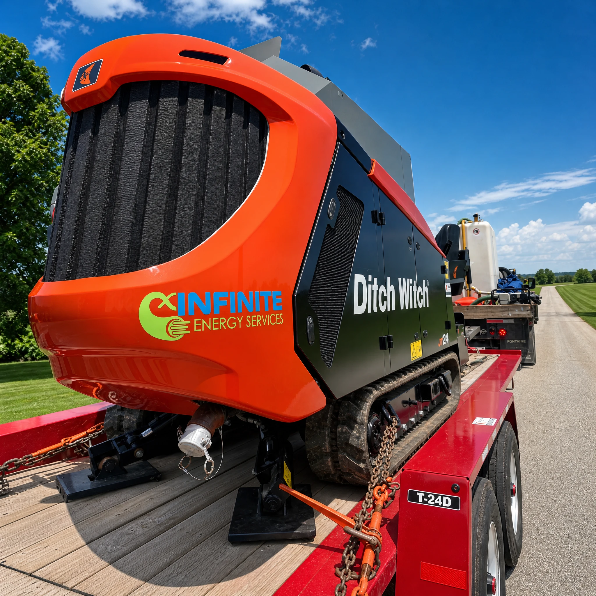 Close-up of a Ditch Witch directional drill rig with the Infinite Energy Services logo on a red trailer