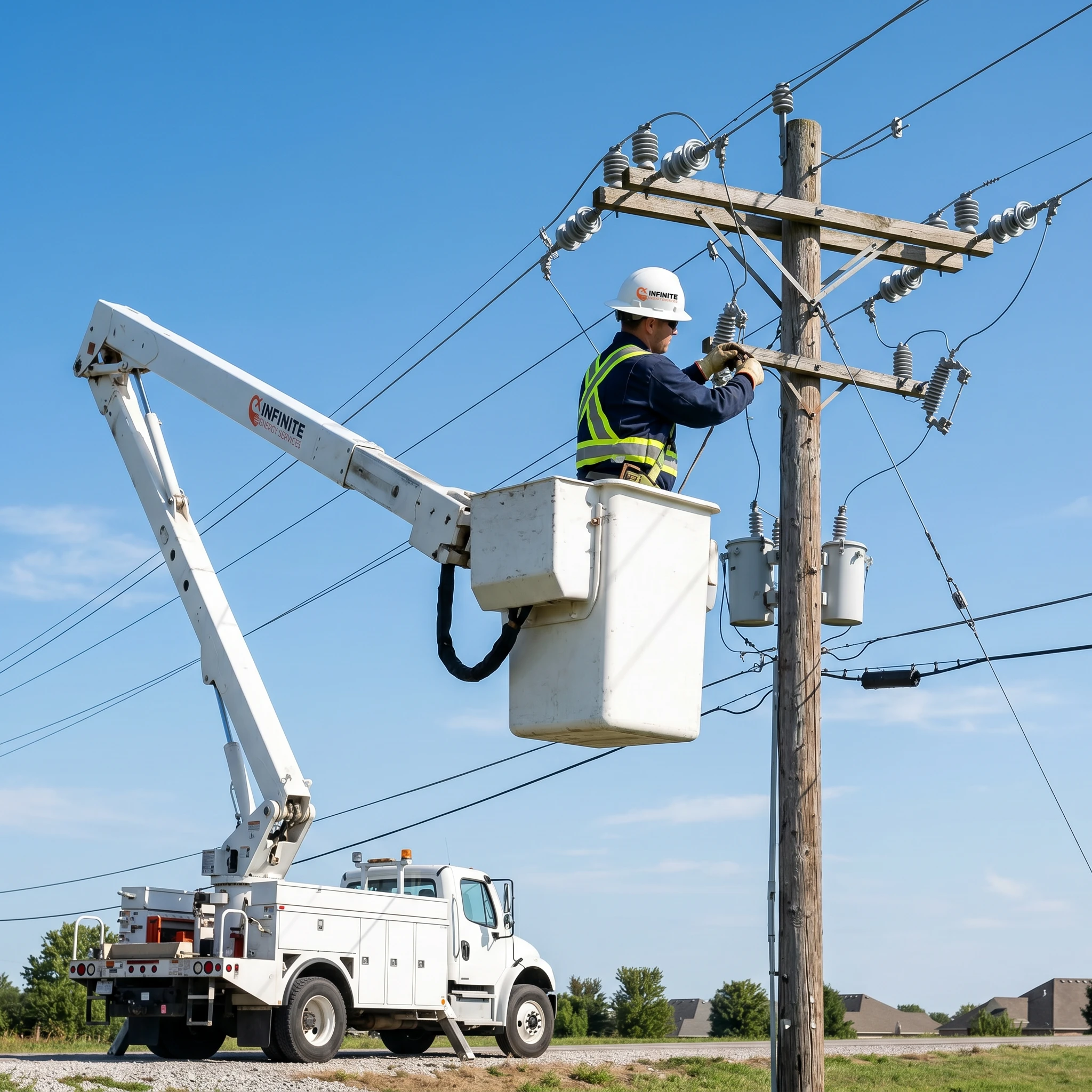 Infinite Energy Services lineman working from a bucket truck on a utility pole